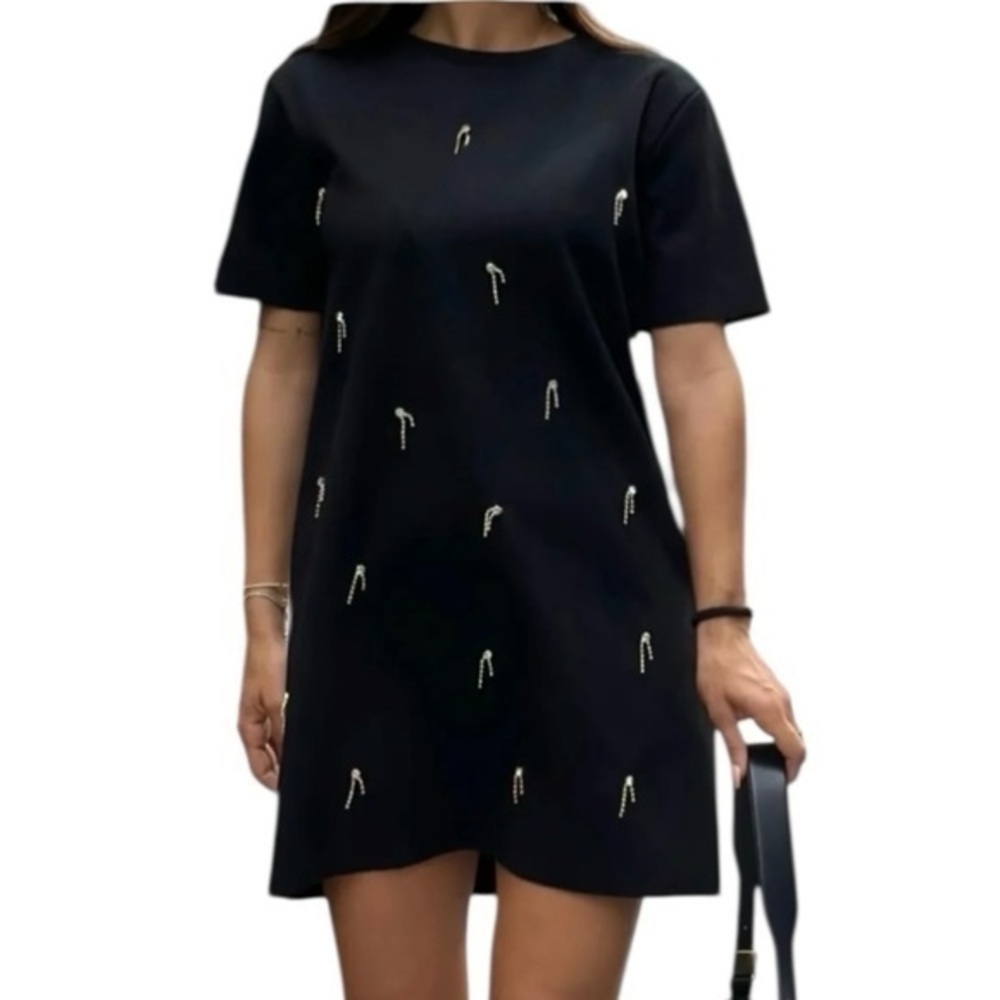 ZARA Black Embellished T-Shirt Faux Suede Dress Women Size M NWT